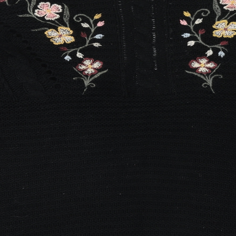 Primark Womens Black V-Neck Acrylic Cardigan Jumper Size L - Floral Detail