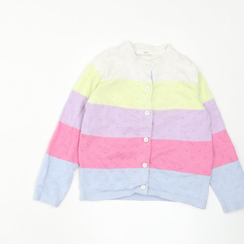 Marks and Spencer Girls Multicoloured Round Neck Striped Cotton Cardigan Jumper Size 5-6 Years Button - Colourblock