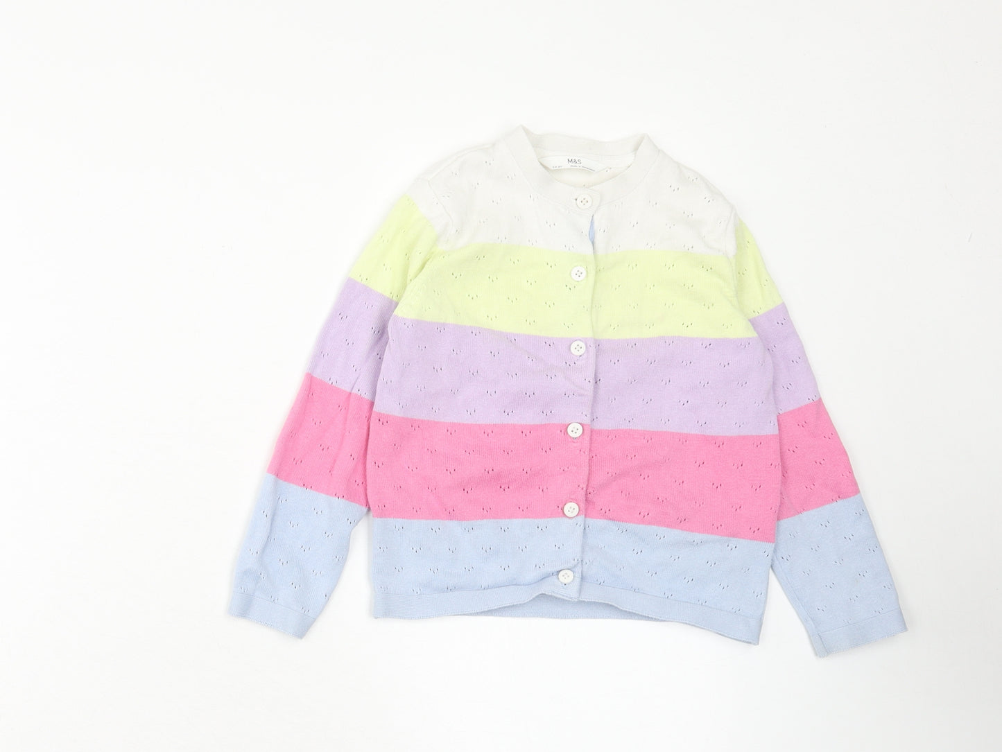 Marks and Spencer Girls Multicoloured Round Neck Striped Cotton Cardigan Jumper Size 5-6 Years Button - Colourblock