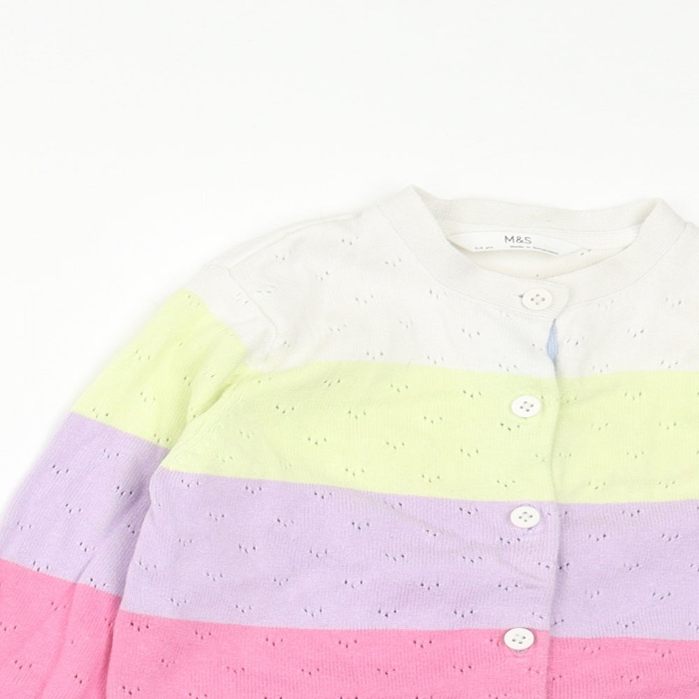Marks and Spencer Girls Multicoloured Round Neck Striped Cotton Cardigan Jumper Size 5-6 Years Button - Colourblock
