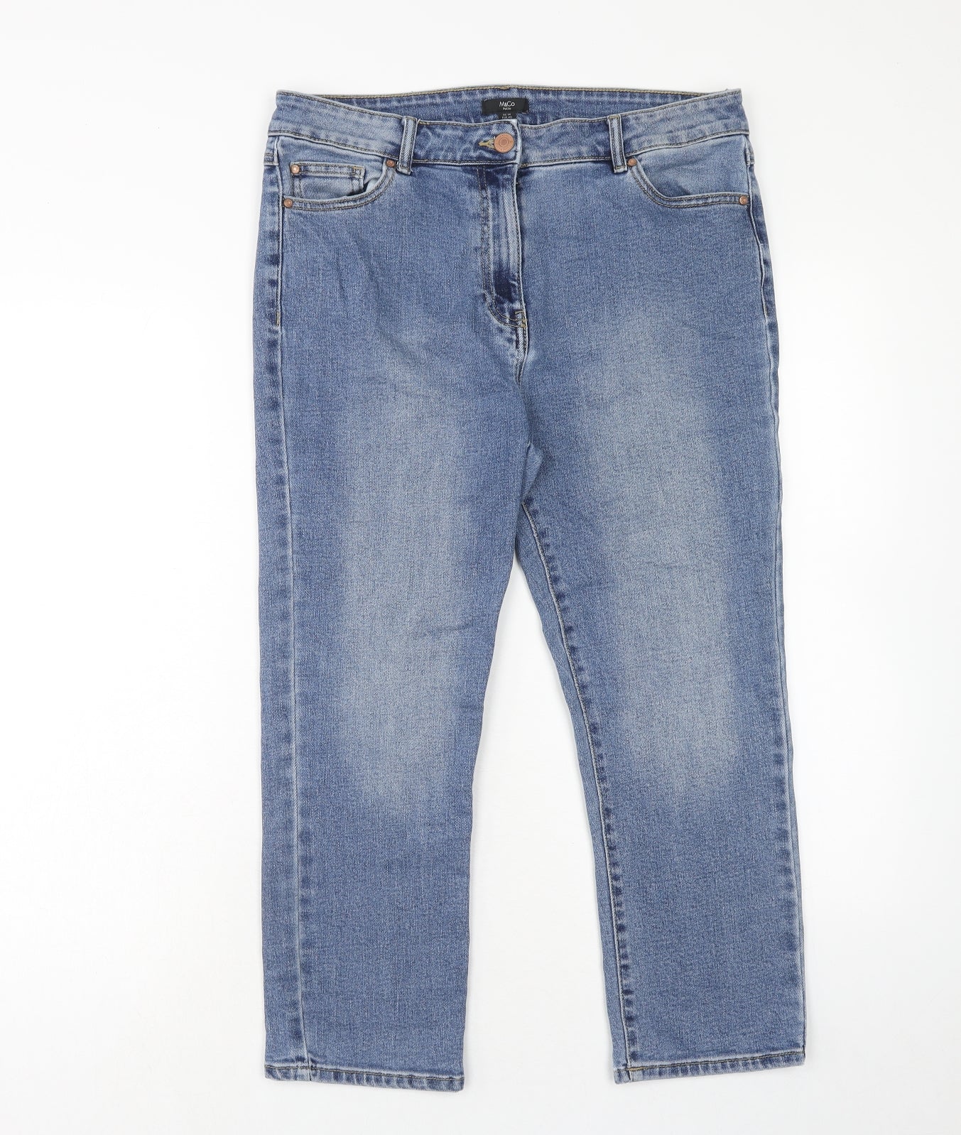 M&Co Womens Blue Cotton Straight Jeans Size 14 Regular Zip