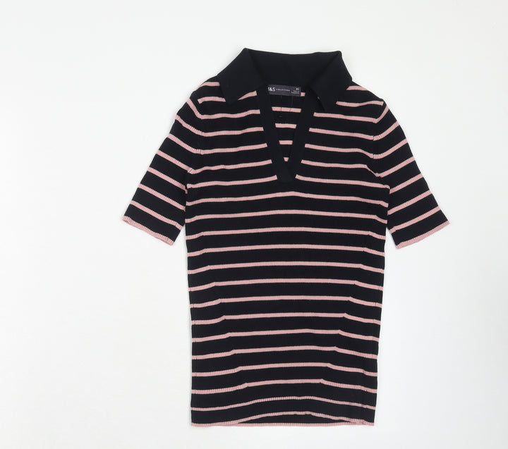 Marks and Spencer Womens Blue Striped Cotton Basic Polo Size XS Collared - Ribbed