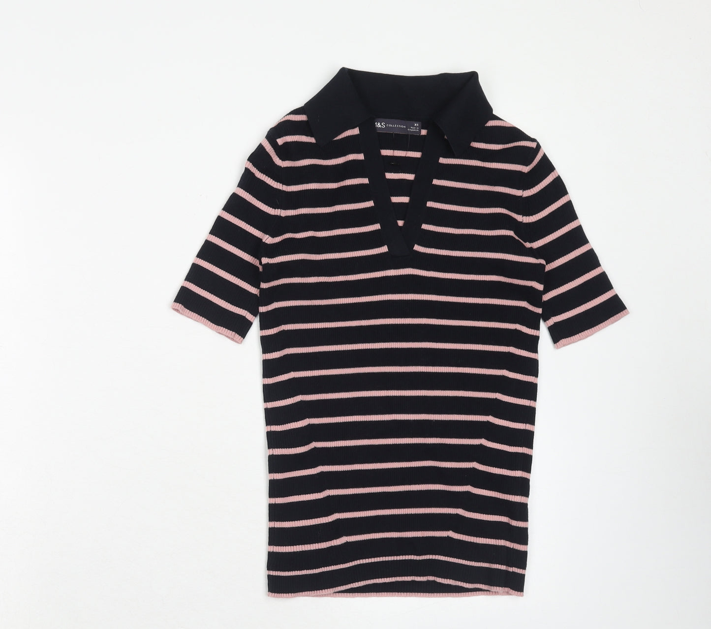 Marks and Spencer Womens Blue Striped Cotton Basic Polo Size XS Collared - Ribbed