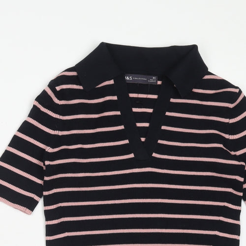 Marks and Spencer Womens Blue Striped Cotton Basic Polo Size XS Collared - Ribbed