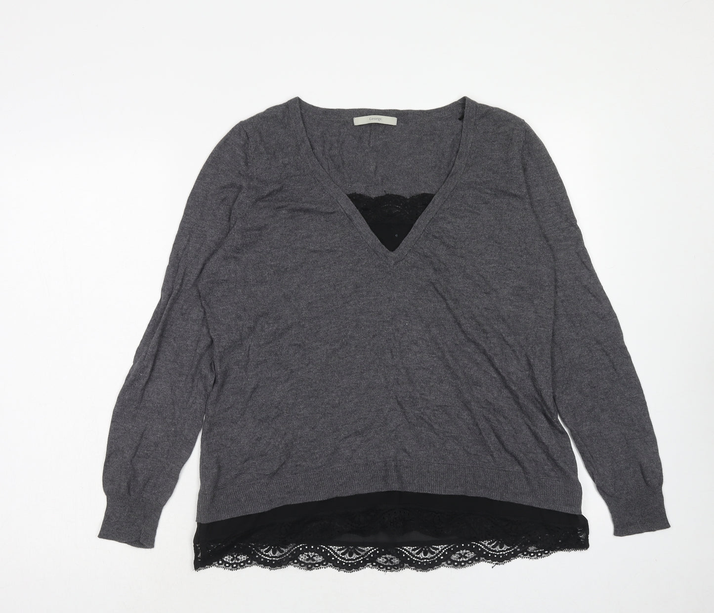 George Womens Grey V-Neck Nylon Pullover Jumper Size 14
