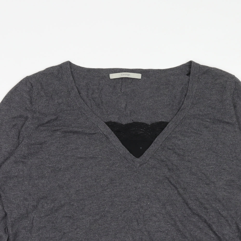George Womens Grey V-Neck Nylon Pullover Jumper Size 14