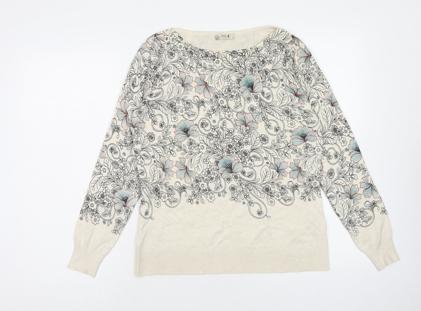 M&Co Womens Ivory Round Neck Floral Viscose Pullover Jumper Size 14