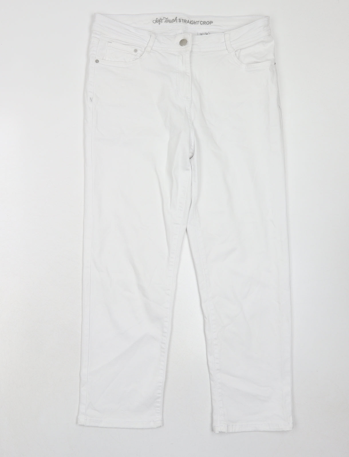 NEXT Womens White Cotton Straight Jeans Size 14 Regular Zip - Crop