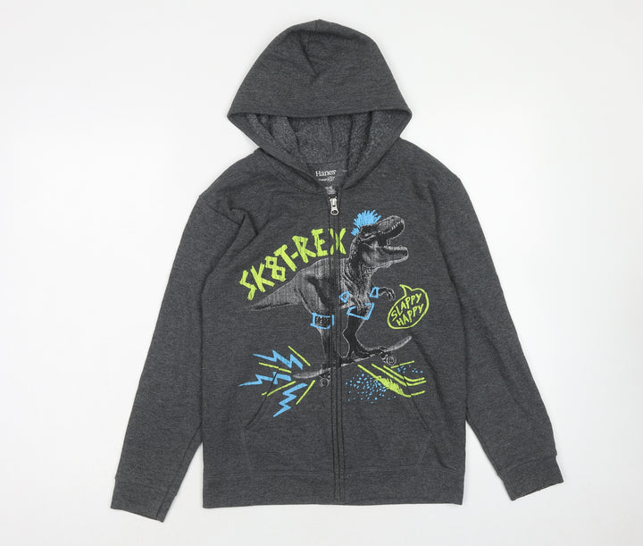 Hanes Boys Grey Cotton Full Zip Hoodie Size 10 Years Zip - T-Rex