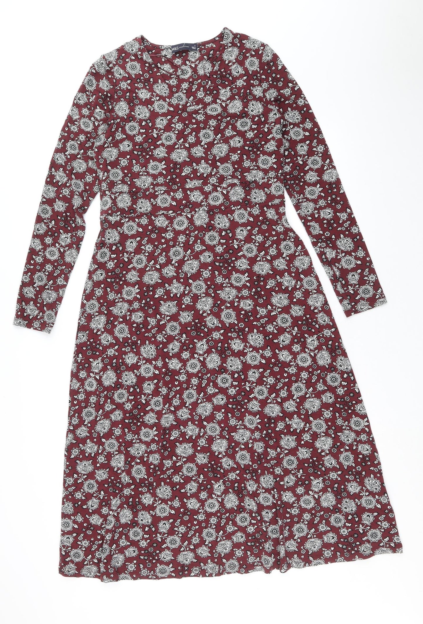 Marks and Spencer Womens Red Floral Viscose A-Line Size 12 V-Neck Pullover
