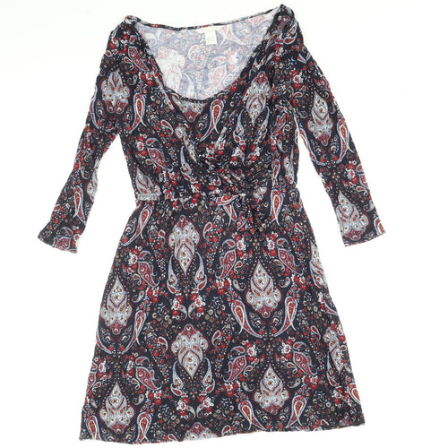 H&M Womens Blue Paisley Viscose Mini Size S Scoop Neck Pullover