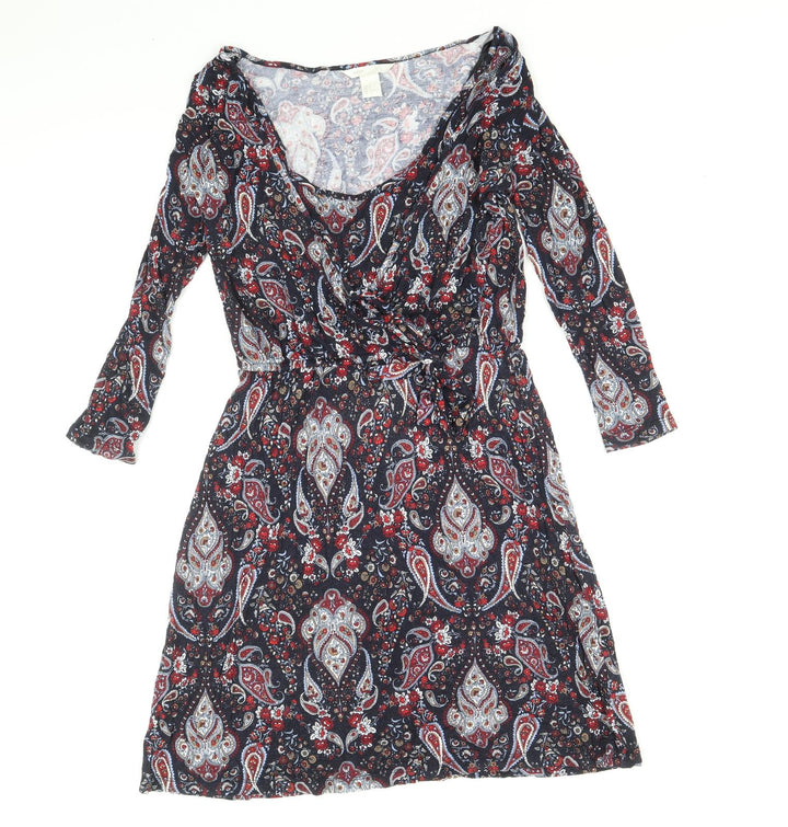 H&M Womens Blue Paisley Viscose Mini Size S Scoop Neck Pullover