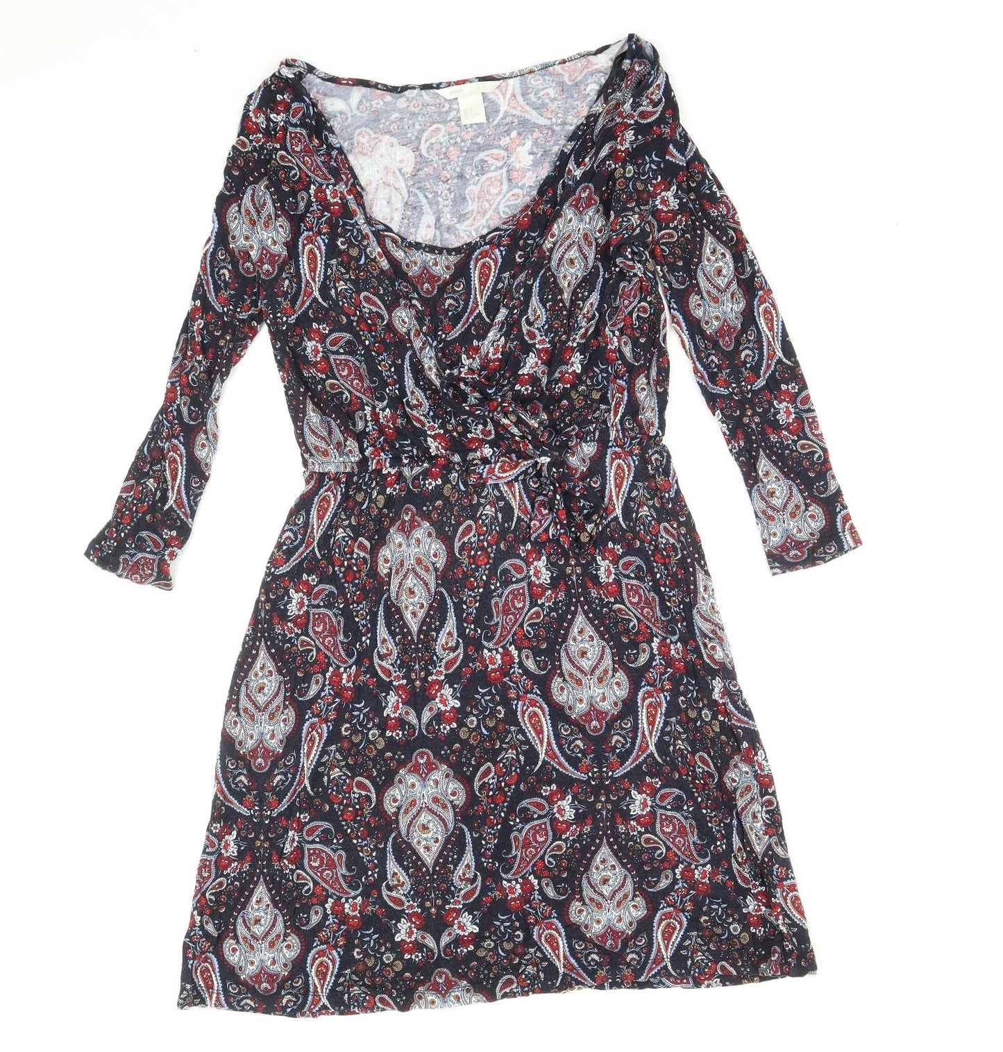H&M Womens Blue Paisley Viscose Mini Size S Scoop Neck Pullover