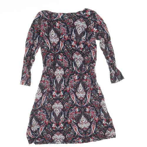 H&M Womens Blue Paisley Viscose Mini Size S Scoop Neck Pullover