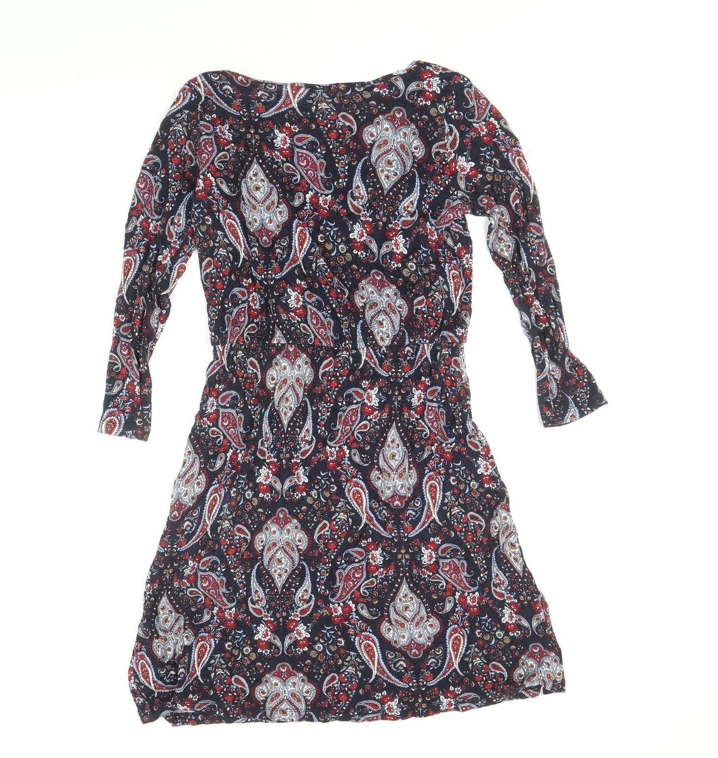 H&M Womens Blue Paisley Viscose Mini Size S Scoop Neck Pullover