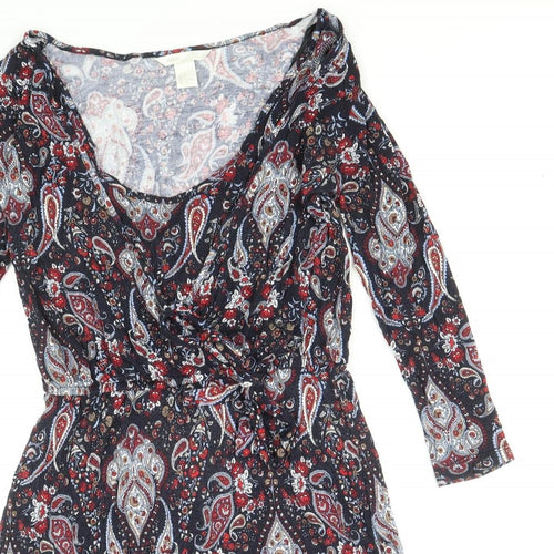 H&M Womens Blue Paisley Viscose Mini Size S Scoop Neck Pullover