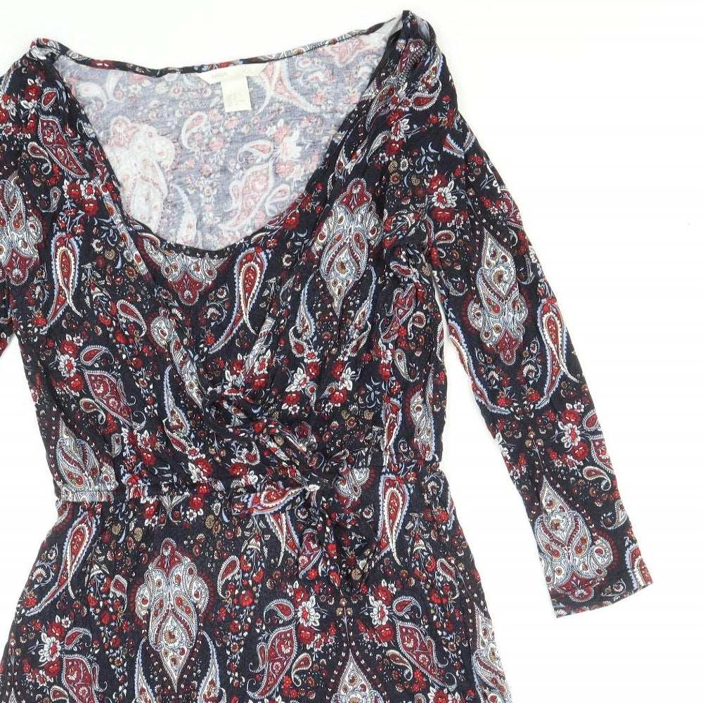 H&M Womens Blue Paisley Viscose Mini Size S Scoop Neck Pullover