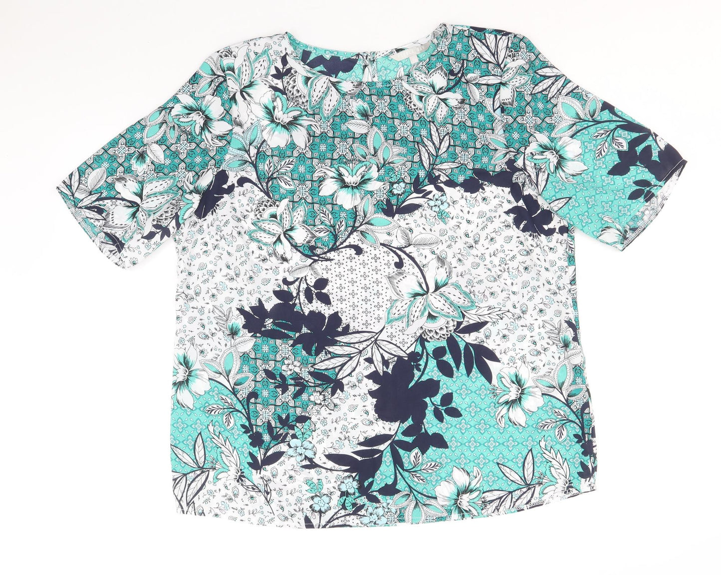 Pebble Bay Womens Blue Floral Polyester Basic T-Shirt Size 16 Round Neck