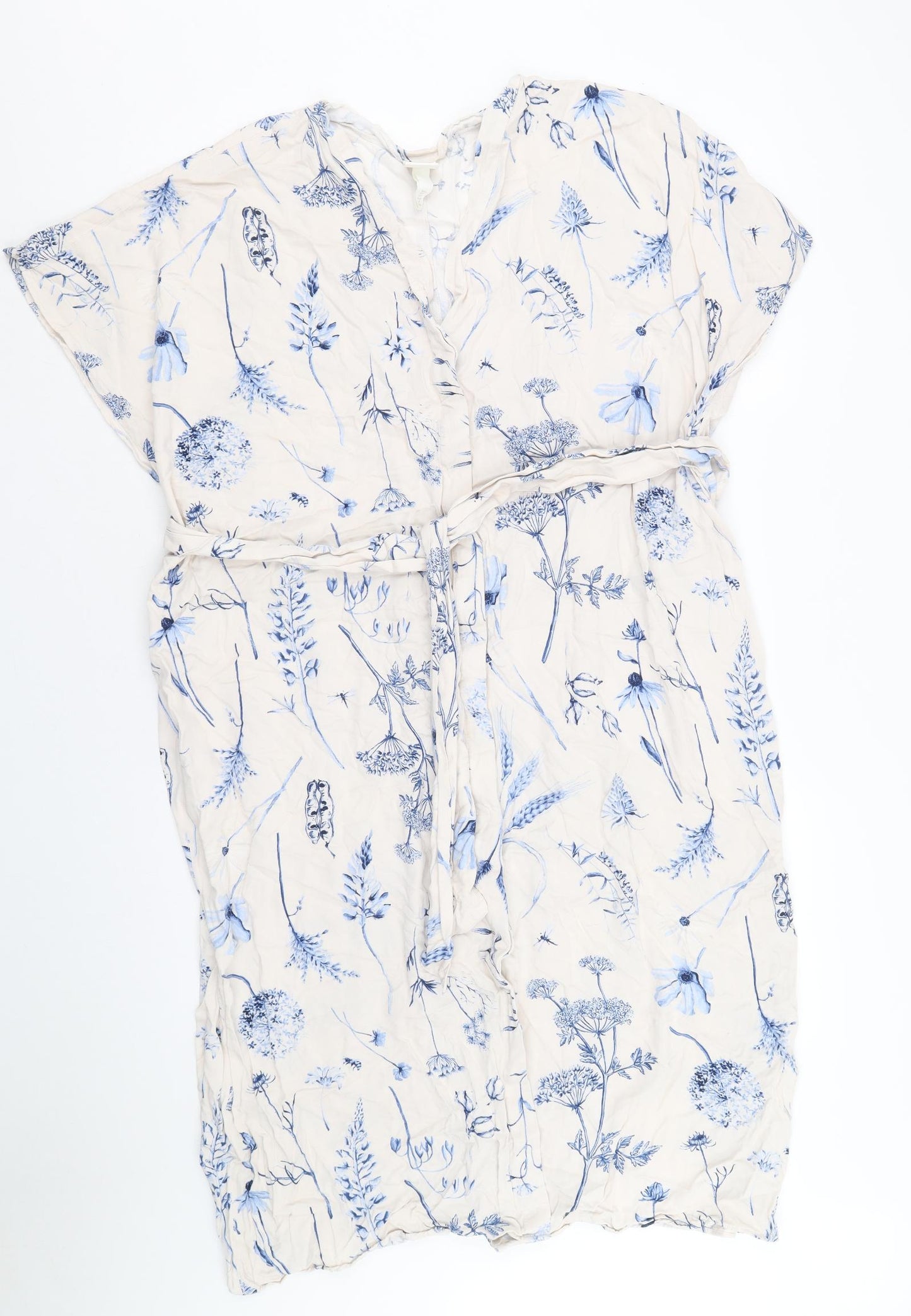 H&M Womens Beige Floral Viscose Wrap Dress Size S V-Neck Button