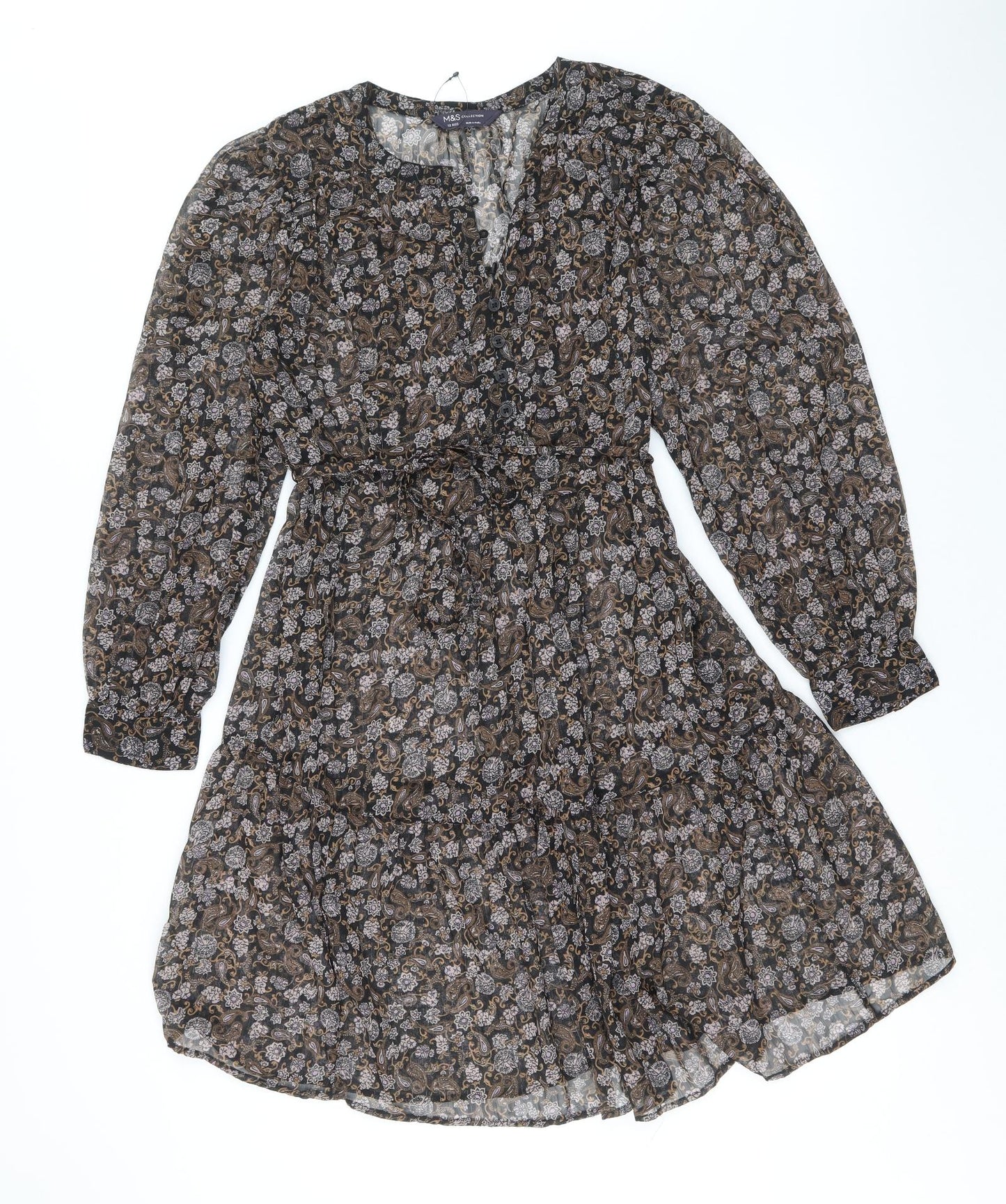 Marks and Spencer Womens Black Paisley Polyester Fit & Flare Size 12 V-Neck Button - Flower Pattern