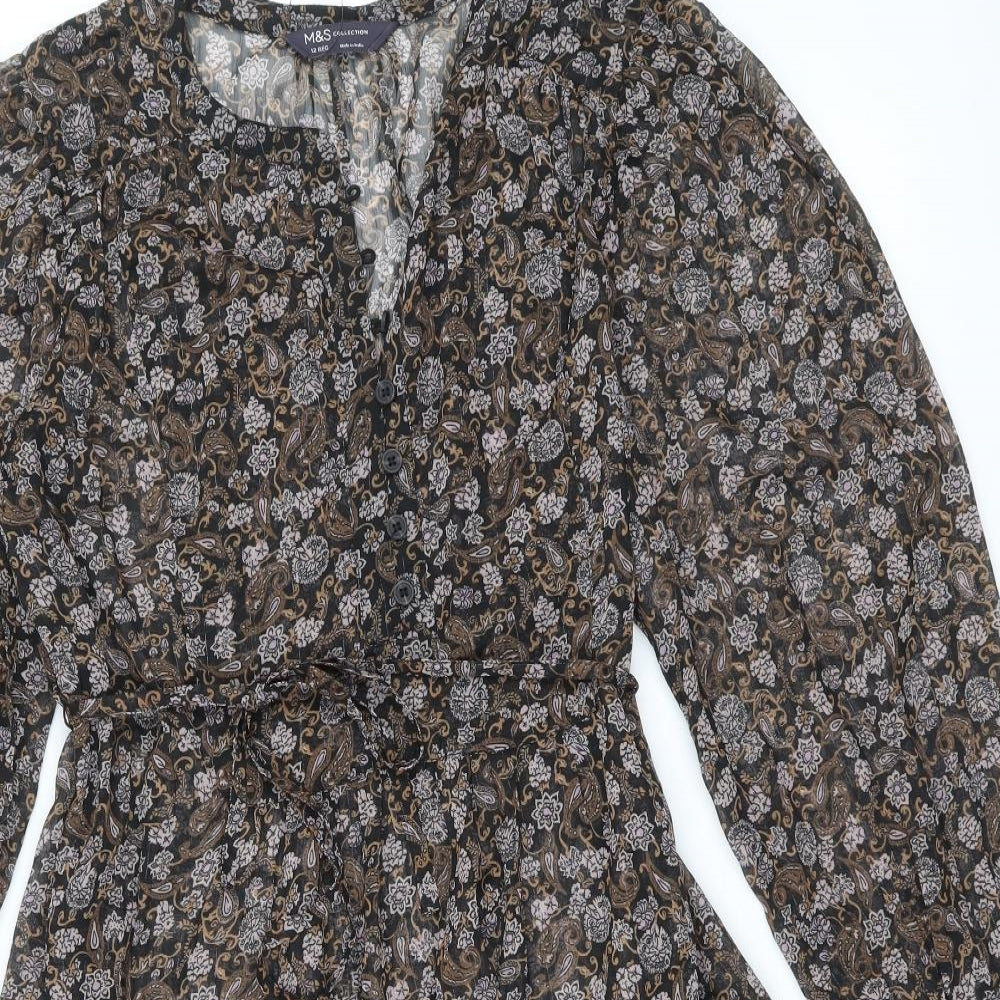 Marks and Spencer Womens Black Paisley Polyester Fit & Flare Size 12 V-Neck Button - Flower Pattern