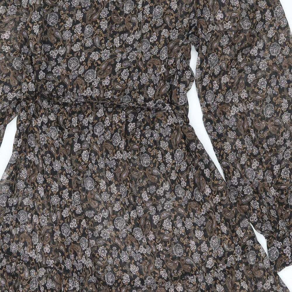 Marks and Spencer Womens Black Paisley Polyester Fit & Flare Size 12 V-Neck Button - Flower Pattern