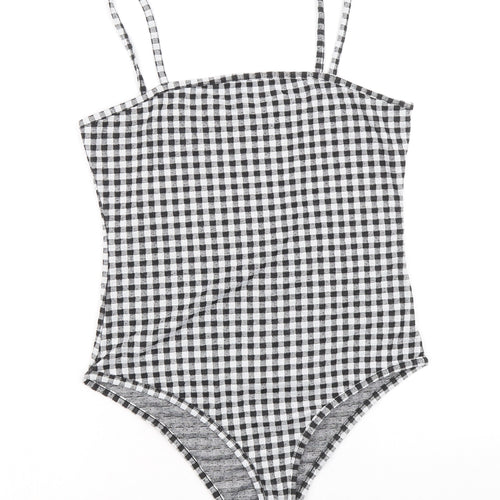Primark Womens Black Check Polyester Bodysuit One-Piece Size S Snap