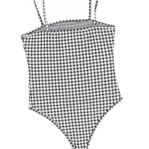 Primark Womens Black Check Polyester Bodysuit One-Piece Size S Snap