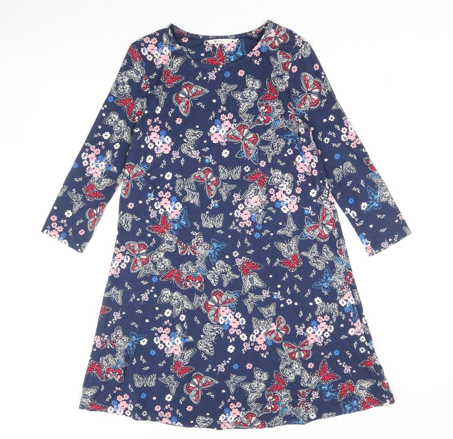 TU Womens Blue Floral Viscose Trapeze & Swing Size 8 Round Neck Pullover