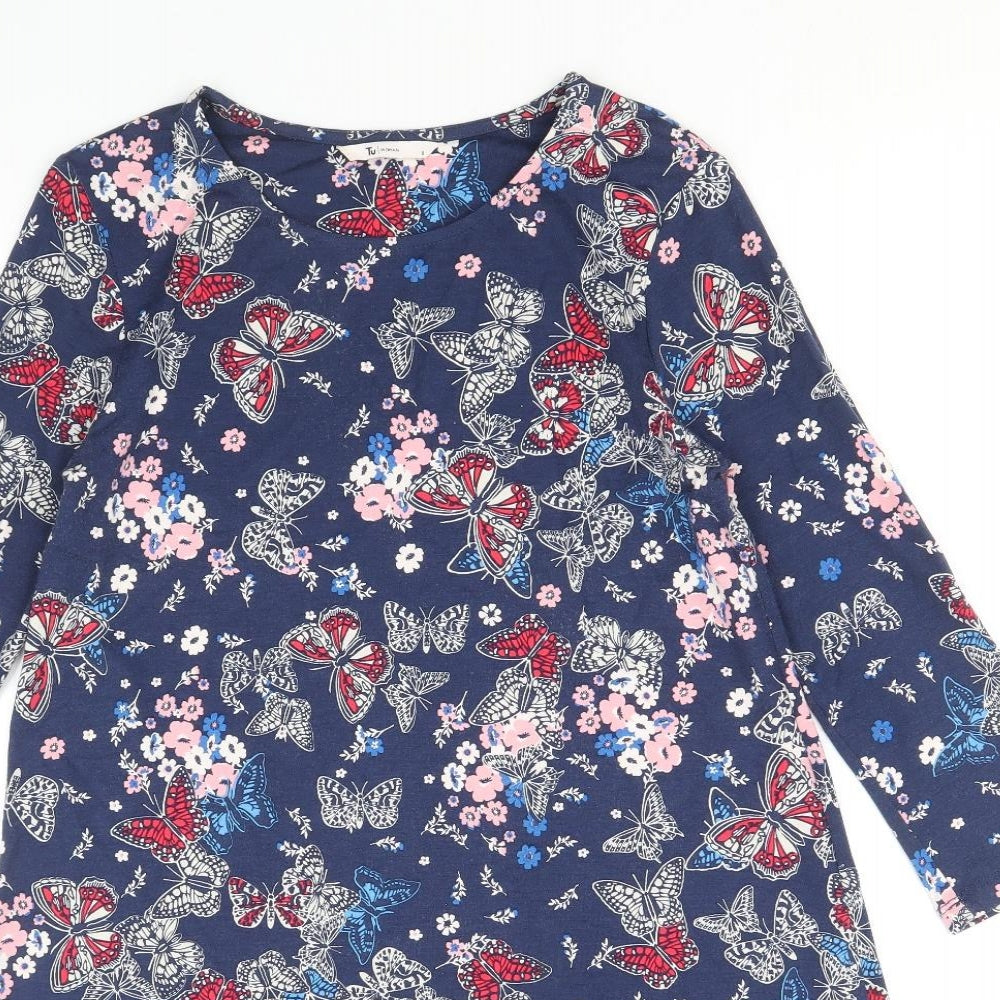 TU Womens Blue Floral Viscose Trapeze & Swing Size 8 Round Neck Pullover