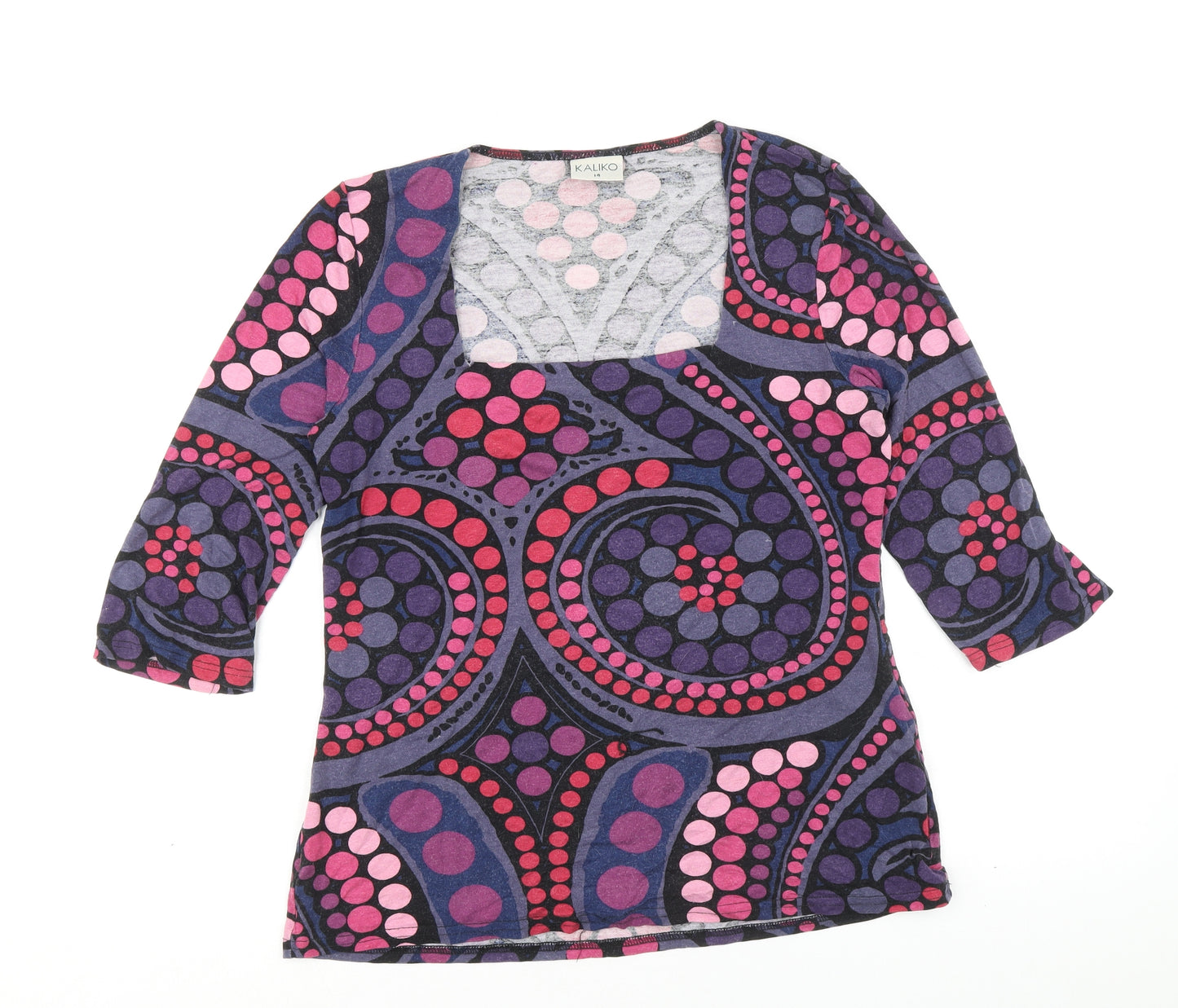 Kaliko Womens Purple Geometric Viscose Basic T-Shirt Size 14 Square Neck