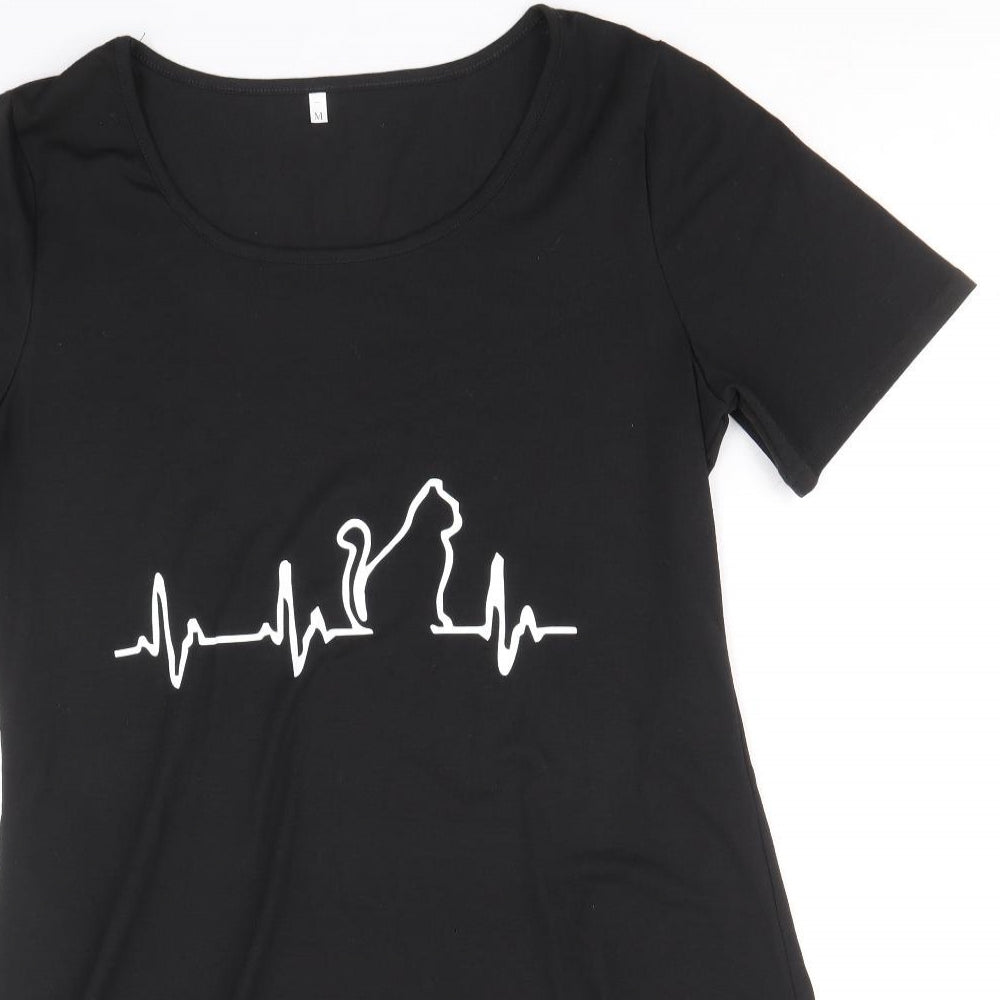 Preworn Womens Black Polyester T-Shirt Dress Size M Round Neck Pullover - Cat Pattern