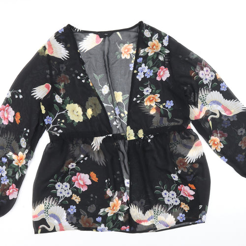 New Look Womens Black Geometric Polyester Kimono Blouse Size 14 V-Neck