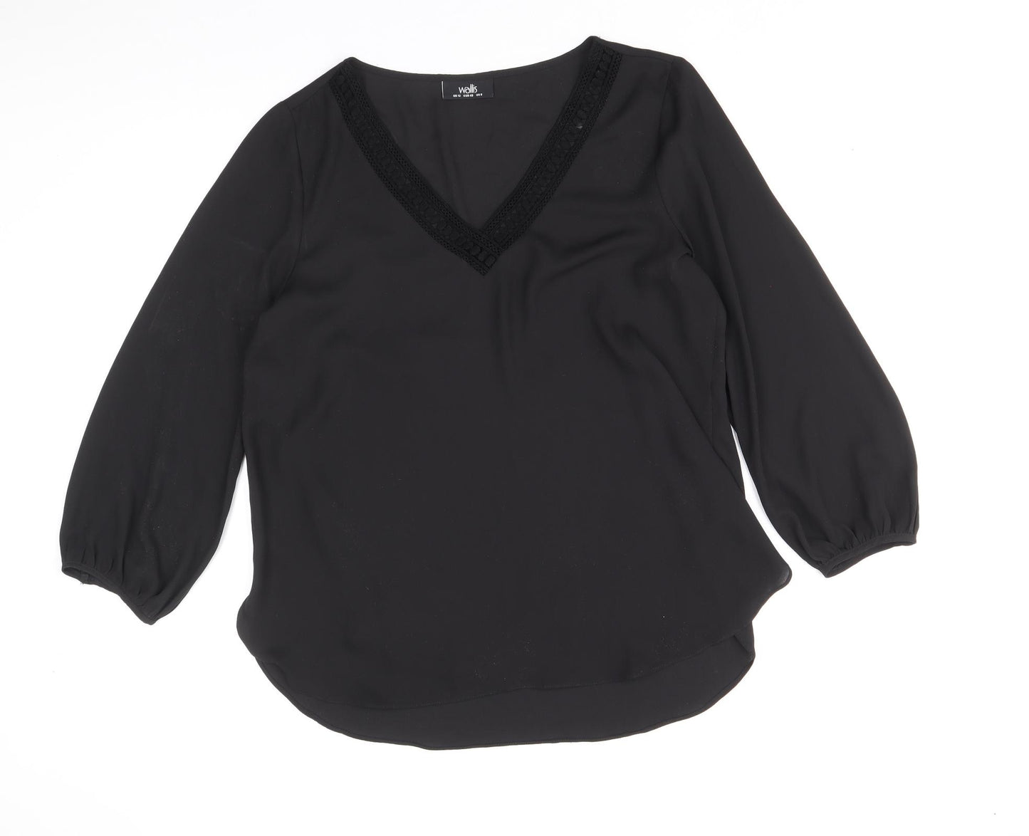 Wallis Womens Black Polyester Basic Blouse Size 12 V-Neck - Lace Trim