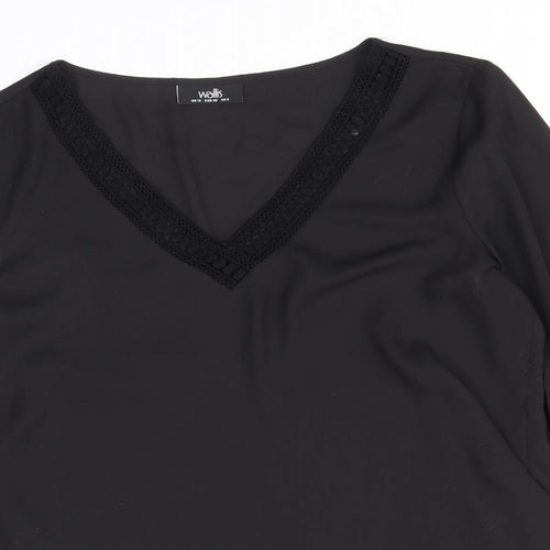 Wallis Womens Black Polyester Basic Blouse Size 12 V-Neck - Lace Trim