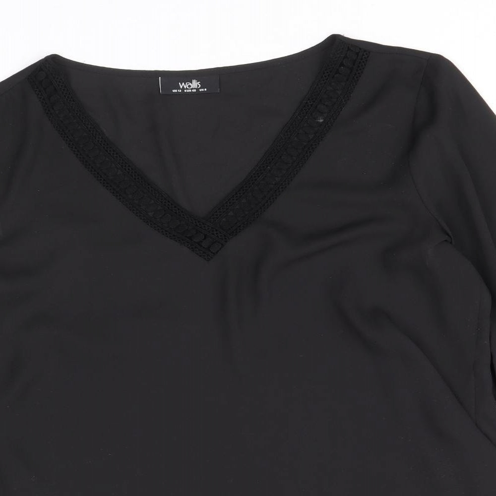 Wallis Womens Black Polyester Basic Blouse Size 12 V-Neck - Lace Trim