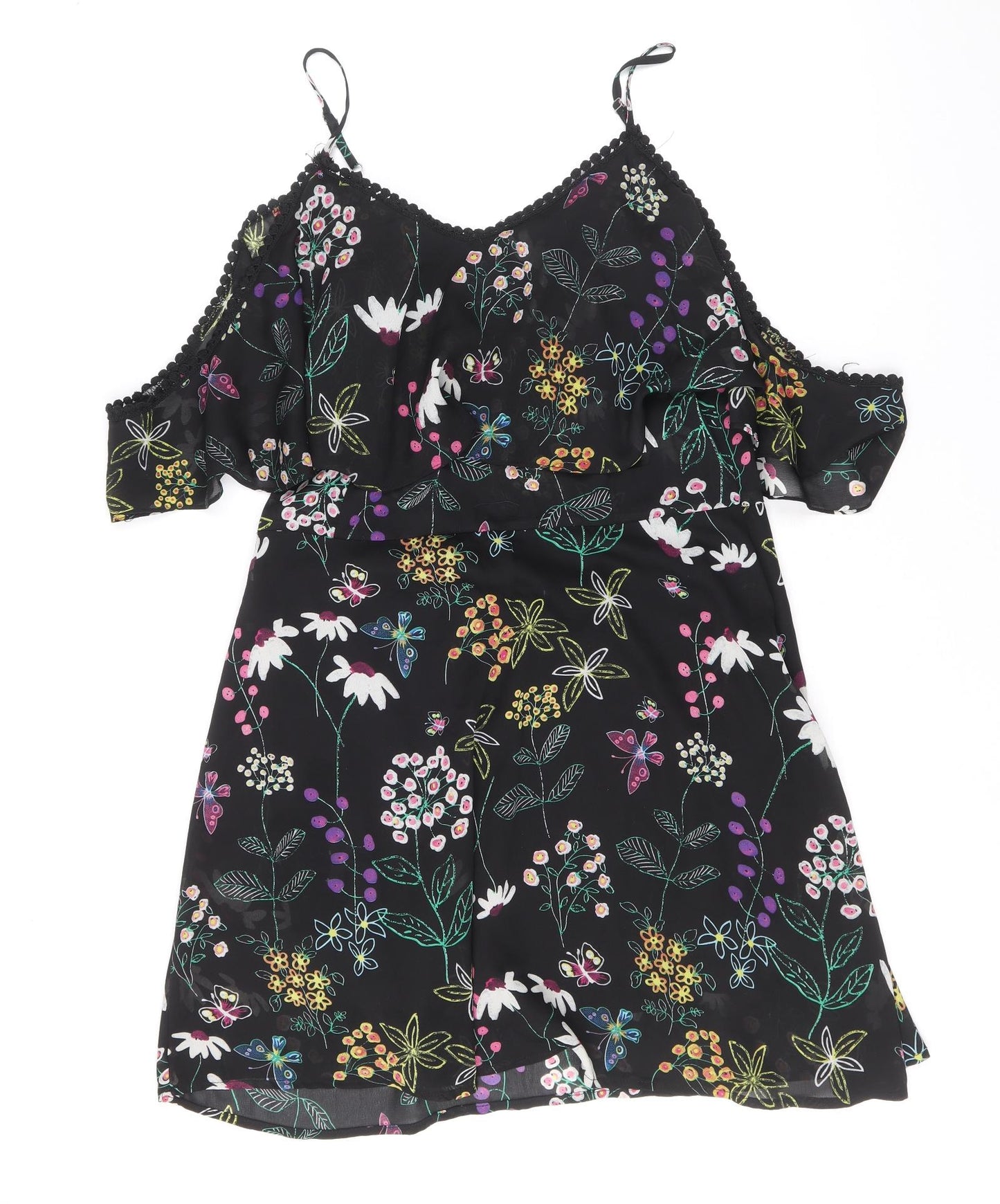 Boohoo Womens Black Floral Polyester Trapeze & Swing Size 16 V-Neck Zip - Cold Shoulder