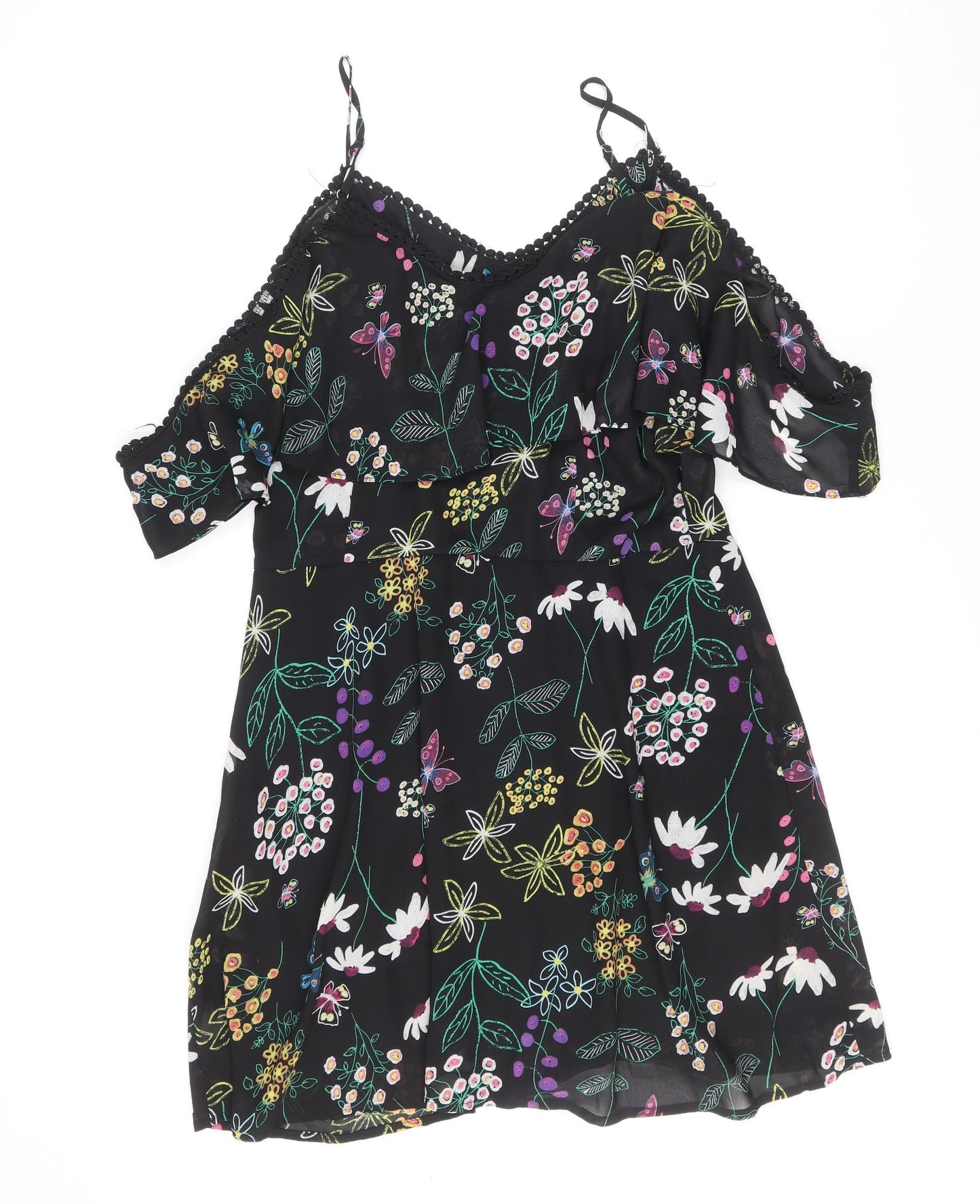 Boohoo Womens Black Floral Polyester Trapeze & Swing Size 16 V-Neck Zip - Cold Shoulder