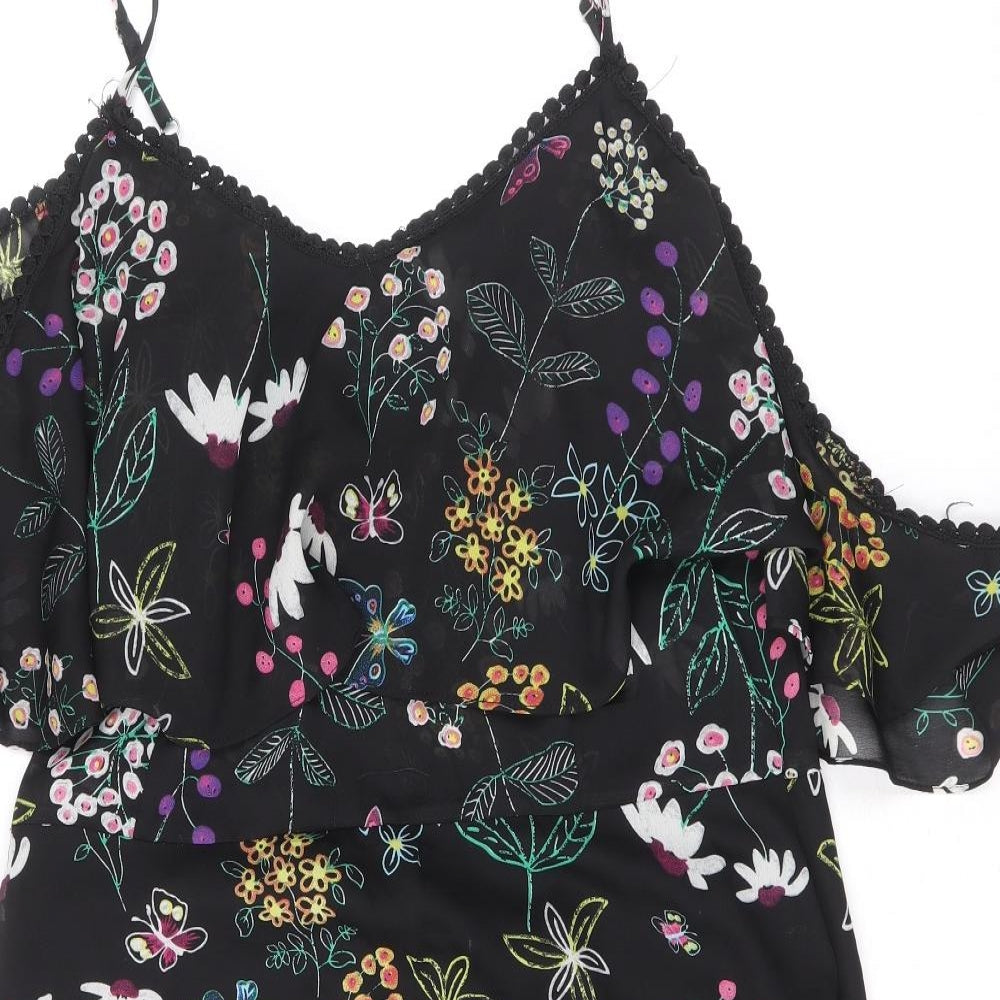Boohoo Womens Black Floral Polyester Trapeze & Swing Size 16 V-Neck Zip - Cold Shoulder