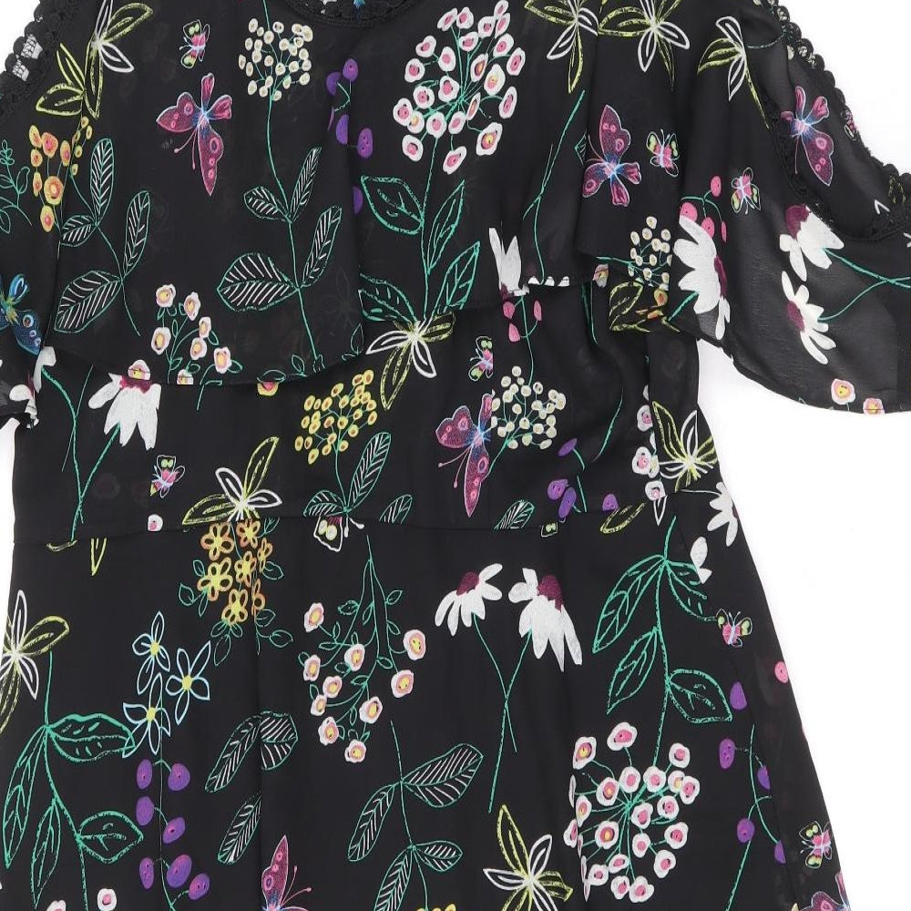 Boohoo Womens Black Floral Polyester Trapeze & Swing Size 16 V-Neck Zip - Cold Shoulder