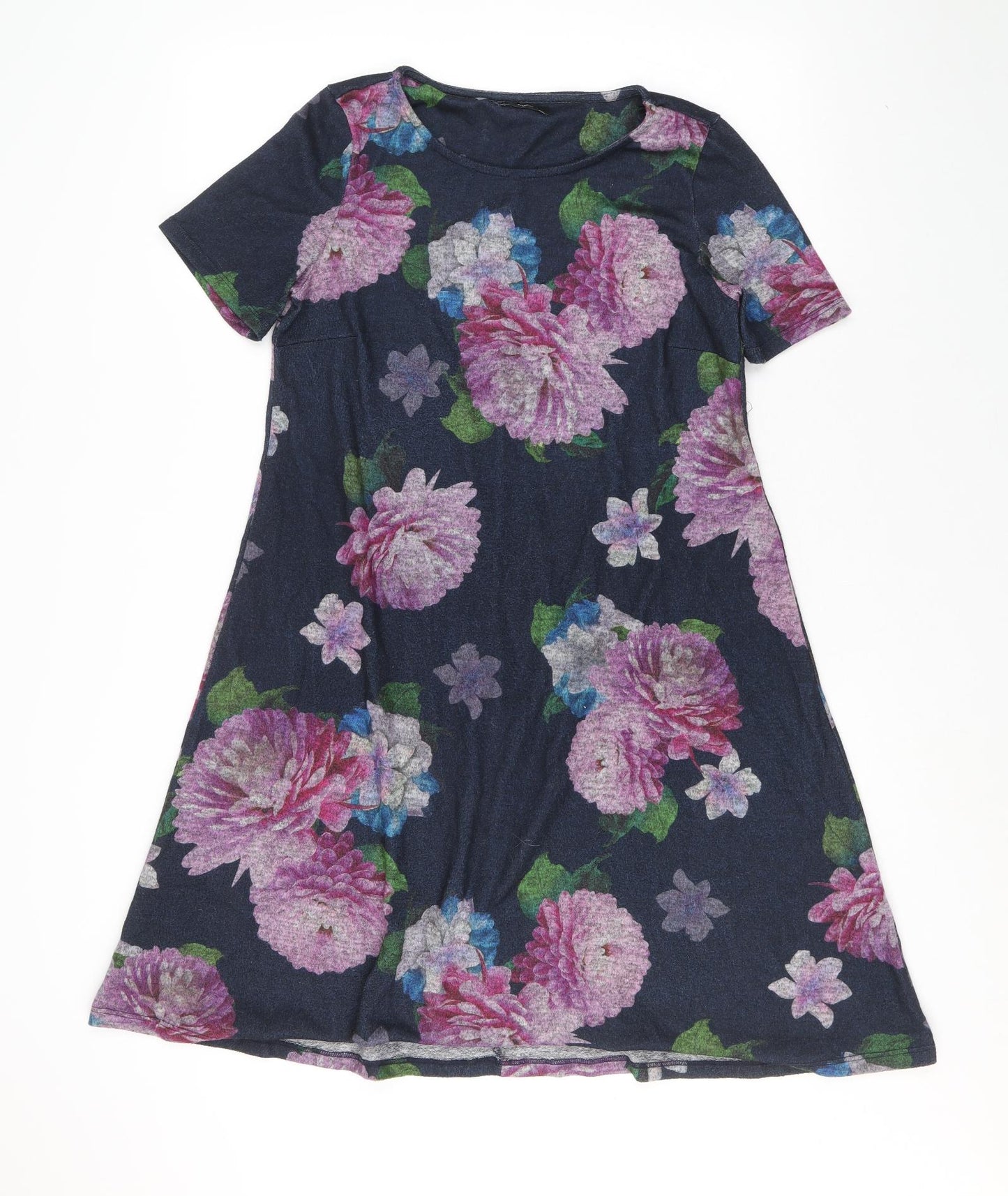 M&Co Womens Blue Floral Polyester Trapeze & Swing Size 8 Round Neck Pullover