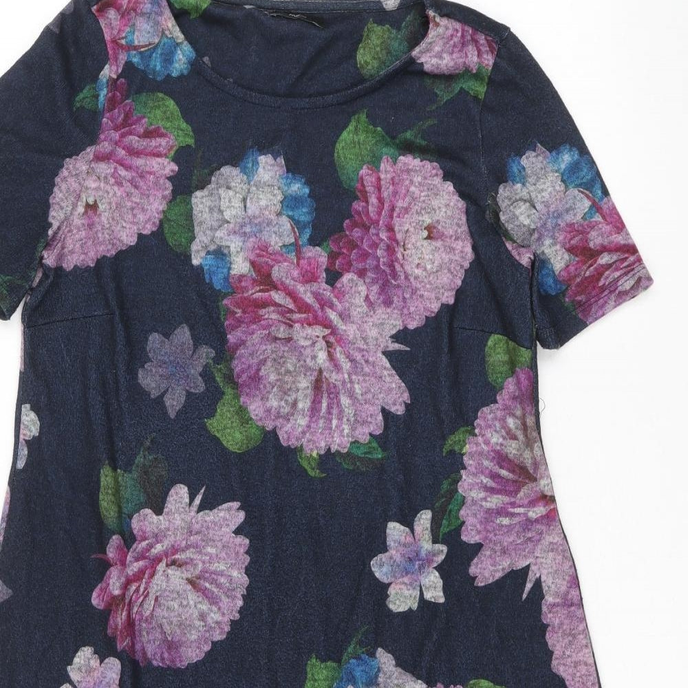M&Co Womens Blue Floral Polyester Trapeze & Swing Size 8 Round Neck Pullover