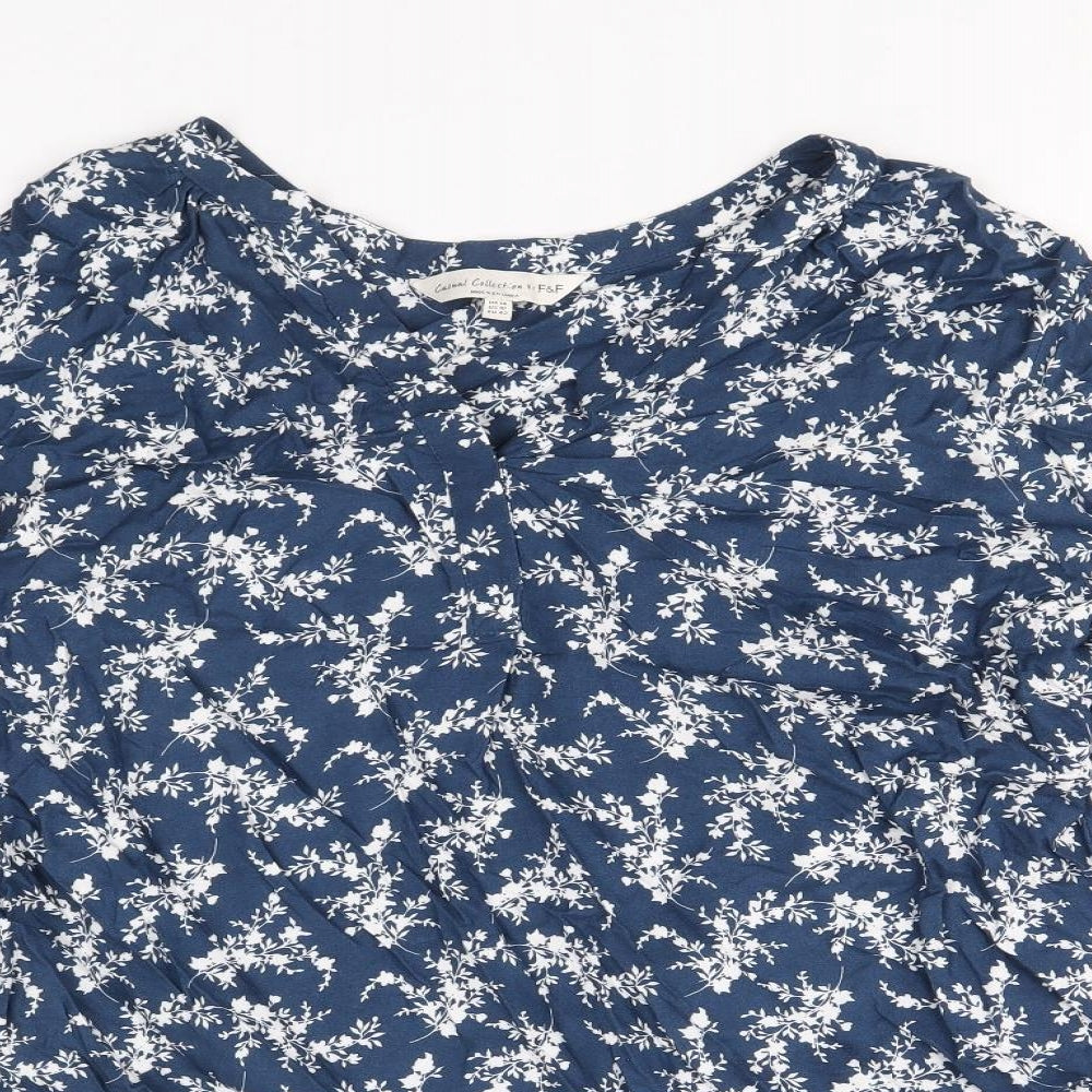F&F Womens Blue Floral Viscose Basic Blouse Size 14 V-Neck