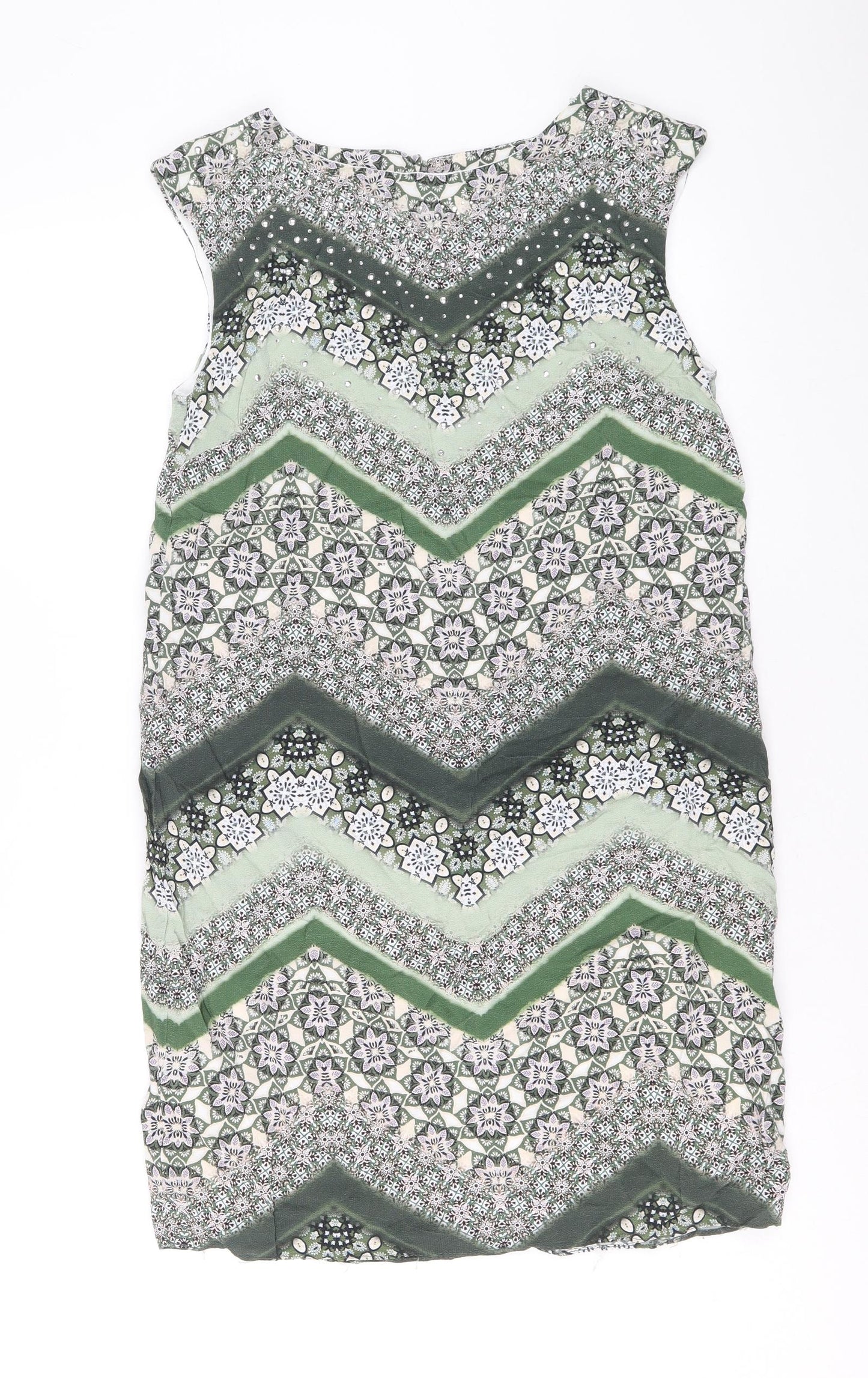 Wallis Womens Green Geometric Viscose Shift Size 8 Boat Neck Button
