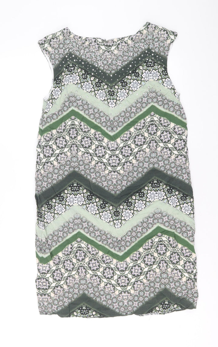 Wallis Womens Green Geometric Viscose Shift Size 8 Boat Neck Button