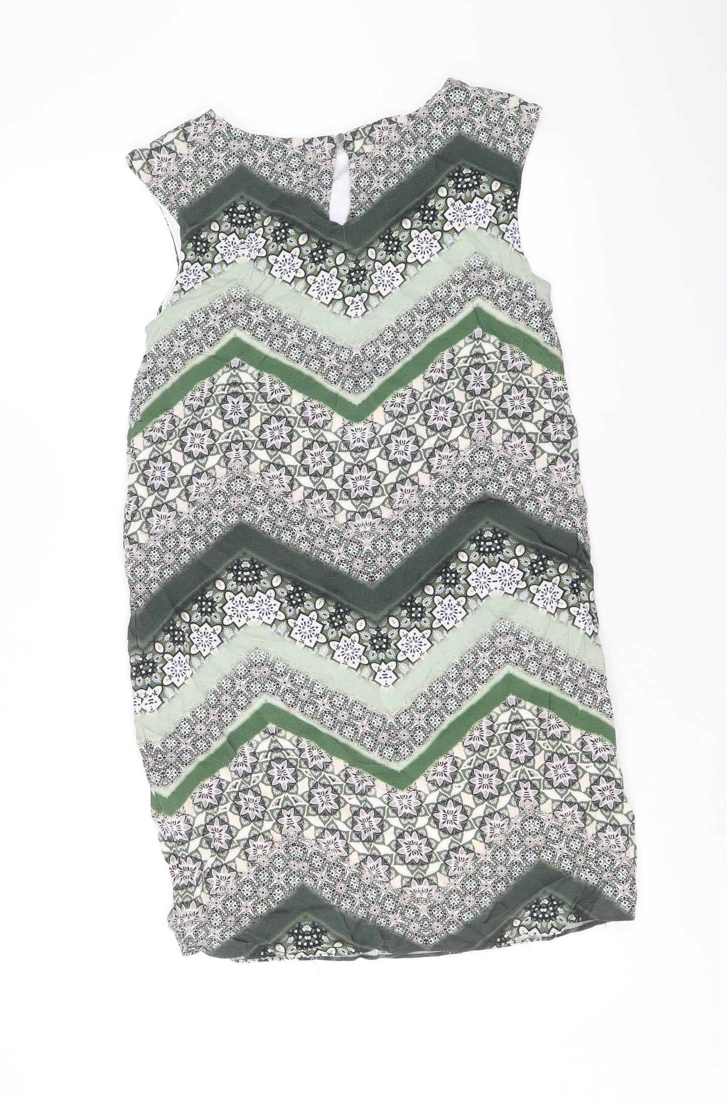 Wallis Womens Green Geometric Viscose Shift Size 8 Boat Neck Button