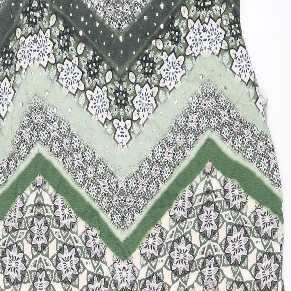 Wallis Womens Green Geometric Viscose Shift Size 8 Boat Neck Button