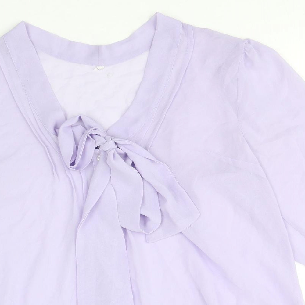 Preworn Womens Purple Polyester Basic Blouse Size 10 V-Neck - Pussy Bow Neck