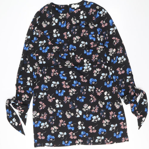 Warehouse Womens Black Floral Polyester Shift Size 14 Scoop Neck Zip - Tie Sleeve Detail