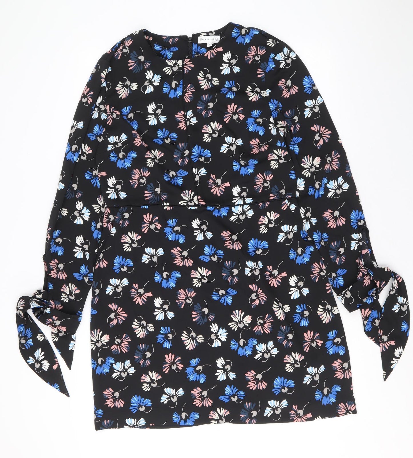 Warehouse Womens Black Floral Polyester Shift Size 14 Scoop Neck Zip - Tie Sleeve Detail
